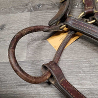 Triple Stitch Leather Halter *fair, older, dents, stained/discolour, oxidization, name plate holes, rubbed, dry
