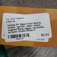 Pr Open Front Boots, straps *gc/fair, older, stains, unglued lining edges, scratches, scrapes
