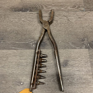 Vintage Leather Hole Punching Tool, 6 punches *gc/fair, rusty, broken/missing spring, rough rivet. pitted, bent/offset handles