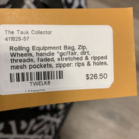 Rolling Equipment Bag, Zip, Wheels, handle *gc/fair, dirt, threads, faded, stretched & ripped mesh pockets, zipper: rips & holes, holey/frayed edges
