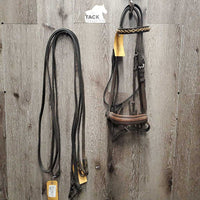 Double Dressage Bridle, Crank, 2 pr Reins *gc/fair, older, mismatched, clean, dry, stiff, cracks, cut, trimmed end
