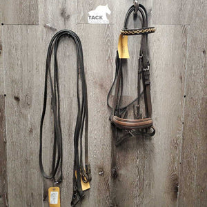 Double Dressage Bridle, Crank, 2 pr Reins *gc/fair, older, mismatched, clean, dry, stiff, cracks, cut, trimmed end