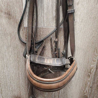 Double Dressage Bridle, Crank, 2 pr Reins *gc/fair, older, mismatched, clean, dry, stiff, cracks, cut, trimmed end
