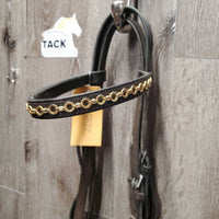 Double Dressage Bridle, Crank, 2 pr Reins *gc/fair, older, mismatched, clean, dry, stiff, cracks, cut, trimmed end
