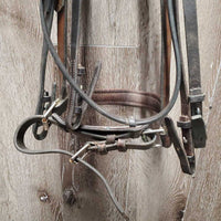 Double Dressage Bridle, Crank, 2 pr Reins *gc/fair, older, mismatched, clean, dry, stiff, cracks, cut, trimmed end
