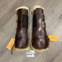 Open Front Leather Boots, Sheepskin, buckle & velcro *vgc, older, clean, mnr dirt, stains & scratches
