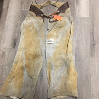 Light Suede Full Chaps, lace back *gc/fair, older, v.stained, curled edges, gunk?dirt
