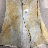 Light Suede Full Chaps, lace back *gc/fair, older, v.stained, curled edges, gunk?dirt
