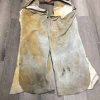 Light Suede Full Chaps, lace back *gc/fair, older, v.stained, curled edges, gunk?dirt
