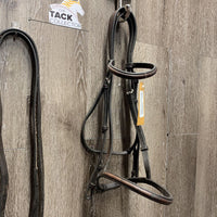 Rsd Bridle, Rubber Lined Reins *gc/fair, dirty, peeled rubber, v.tight keeper, twist, xholes
