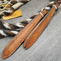 6 Strand Twisted Horse Hair Split Reins, Rawhide Connectors, Tooled Leather Popper Ends *xc
