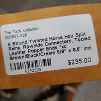 6 Strand Twisted Horse Hair Split Reins, Rawhide Connectors, Tooled Leather Popper Ends *xc
