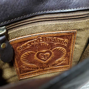 "Sacred Baggage" Leather Purse, Cross Body shoulder strap, "Music is Life" Hvy Pin *gc, mnr scraped edges, stains, scratches, clean