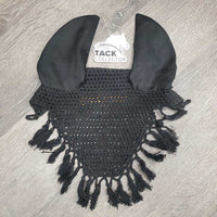 Crochet Fly Veil Ear Bonnet, fringe *gc, no string, older, mnr hair, faded & stains, loose threads