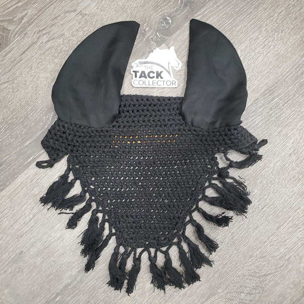 Crochet Fly Veil Ear Bonnet, fringe *gc, no string, older, mnr hair, faded & stains, loose threads