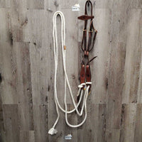 Headstall, Nylon Horsemanship Mecate Reins, Slobber Straps *xc, mnr stains & snags, letter stamp
