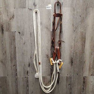 Headstall, Nylon Horsemanship Mecate Reins, Slobber Straps *vgc, mnr stains & snags, letter stamp, yellowed