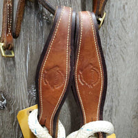 Headstall, Nylon Horsemanship Mecate Reins, Slobber Straps *vgc, mnr stains & snags, letter stamp, yellowed
