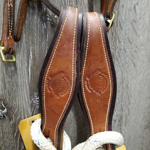 Headstall, Nylon Horsemanship Mecate Reins, Slobber Straps *vgc, mnr stains & snags, letter stamp, yellowed