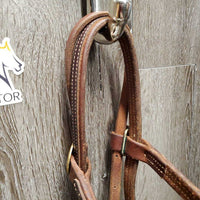 Headstall, Nylon Horsemanship Mecate Reins, Slobber Straps *vgc, mnr stains & snags, letter stamp, yellowed
