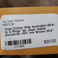 Wide Cotton Web Australian Girth, 2x D Rings *gc, clean, stains, discolored, stiff, hair
