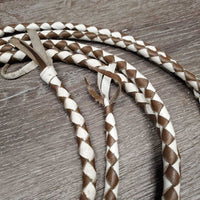 Round Braided Leather Split Reins, quick clip ends *vgc, mnr dirt, rubs, mismatched clips
