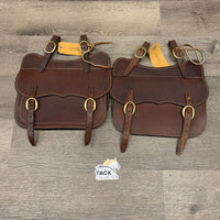 Pr Hvy Leather Australian Saddle Bags, 2 laces *xc, mnr stains, twisted straps, dents & scrapes
