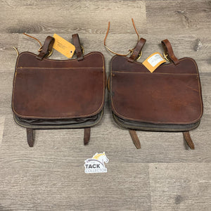 Pr Hvy Leather Australian Saddle Bags, 2 laces *xc, mnr stains, twisted straps, dents & scrapes