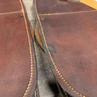 Pr Hvy Leather Australian Saddle Bags, 2 laces *xc, mnr stains, twisted straps, dents & scrapes
