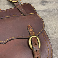 Pr Hvy Leather Australian Saddle Bags, 2 laces *xc, mnr stains, twisted straps, dents & scrapes
