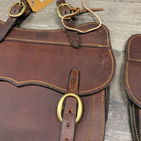 Pr Hvy Leather Australian Saddle Bags, 2 laces *xc, mnr stains, twisted straps, dents & scrapes
