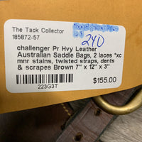 Pr Hvy Leather Australian Saddle Bags, 2 laces *xc, mnr stains, twisted straps, dents & scrapes

