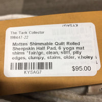 Shimmable Quilt Rolled Sheepskin Half Pad, 6 yoga mat shims *fair/gc, clean, stiff, pilly edges, clumpy, stains, older, v.holey pommel
