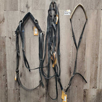 Nylon Surcingle, Girth, Bridle, Bit, Overcheck/Tail Strap, Side Reins, 14' Line *fair, dirt, faded, torn edges, top: cracked, missing ring, frayed holes
