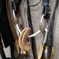 Nylon Surcingle, Girth, Bridle, Bit, Overcheck/Tail Strap, Side Reins, 14' Line *fair, dirt, faded, torn edges, top: cracked, missing ring, frayed holes
