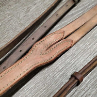 Flat Narrow Running Martingale, snap *fair/gc, No Stopper, v.dry & stiff, older, mnr dirt, dents, discolored/faded, xholes
