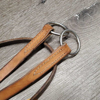 Flat Narrow Running Martingale, snap *fair/gc, No Stopper, v.dry & stiff, older, mnr dirt, dents, discolored/faded, xholes
