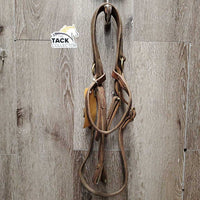 Headstall, Over Check Rings *gc, older, dry, scraped edges, stiff, rubs, scrapes, browband: mismatched & sloppy
