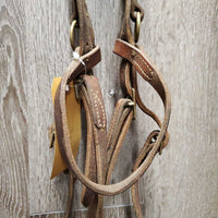 Headstall, Over Check Rings *gc, older, dry, scraped edges, stiff, rubs, scrapes, browband: mismatched & sloppy
