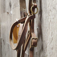 Headstall, Over Check Rings *gc, older, dry, scraped edges, stiff, rubs, scrapes, browband: mismatched & sloppy
