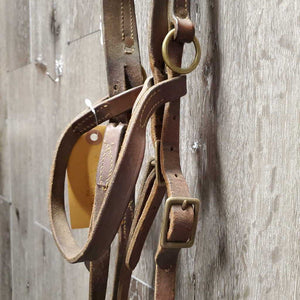 Headstall, Over Check Rings *gc, older, dry, scraped edges, stiff, rubs, scrapes, browband: mismatched & sloppy