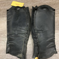 Pr Leather Half Chaps *fair, dirty, edge rubs, repairs, hole-L, faded, rubbed & pilly, undone seam
