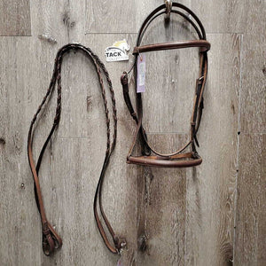 Rsd Leather Bridle, Braided Reins *vgc, MISSING 1x Cheek, mnr rubbed edges, gouges, film, rubs, dirt, stiff, loose hooks