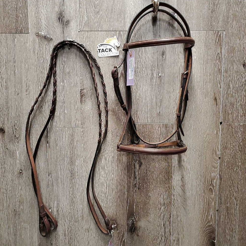 Rsd Leather Bridle, Braided Reins *vgc, MISSING 1x Cheek, mnr rubbed edges, gouges, film, rubs, dirt, stiff, loose hooks