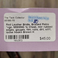 Rsd Leather Bridle, Braided Reins *vgc, MISSING 1x Cheek, mnr rubbed edges, gouges, film, rubs, dirt, stiff, loose hooks
