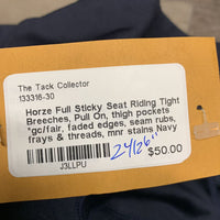 Full Sticky Seat Riding Tight Breeches, Pull On, thigh pockets *gc/fair, faded edges, seam rubs, frays & threads, mnr stains