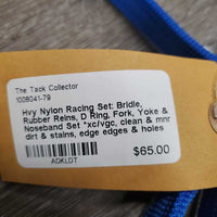 Hvy Nylon Racing Set: Bridle, Rubber Reins, D Ring, Fork, Yoke & Noseband Set *xc/vgc, clean & mnr dirt & stains, edge edges & holes
