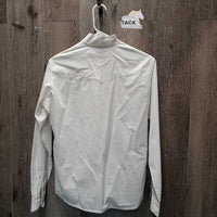 LS Show Shirt, 1 Button Collar, embroidered *gc, dingy, older, puckered, seam puckers, older, crinkled, pits
