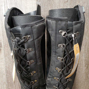 Tall Quilt Winter Riding Boots, laces, zipper *gc/fair, dirty, scuffs, piping: frays & rubs, snags, sm holes, faded, hairy, pilly, older, undone seam