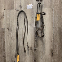 Flat Bridle, Wide Braided Reins *fair, v.dirty, v.stiff & dry, xholes, repaired, rough, trimmed end
